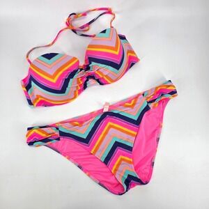 Victoria's Secret Y2K Bikini Swimsuit Push Up Top Colorful Chevron sz 36D Large